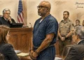 Courtroom illustration showing a handcuffed defendant standing before a judge, with attorneys, a law enforcement officer and observers present.