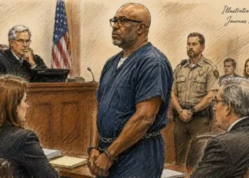 Courtroom illustration showing a handcuffed defendant standing before a judge, with attorneys, a law enforcement officer and observers present.