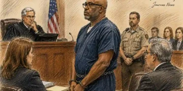 Courtroom illustration showing a handcuffed defendant standing before a judge, with attorneys, a law enforcement officer and observers present.