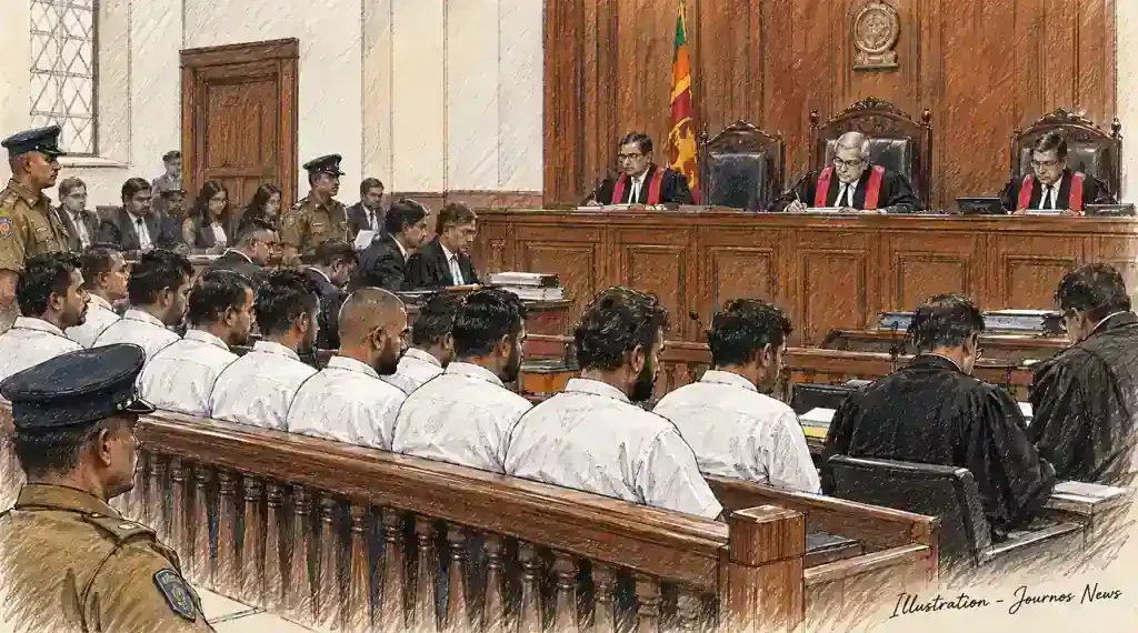 Courtroom hearing shows judges seated at the bench, defendants facing forward, lawyers and police officers present during proceedings.