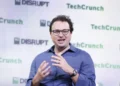 Dario Amodei speaks at TechCrunch Disrupt 2023 during a technology industry event in San Francisco, California.