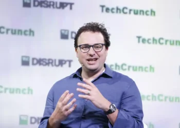 Dario Amodei speaks at TechCrunch Disrupt 2023 during a technology industry event in San Francisco, California.