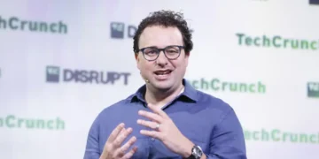 Dario Amodei speaks at TechCrunch Disrupt 2023 during a technology industry event in San Francisco, California.