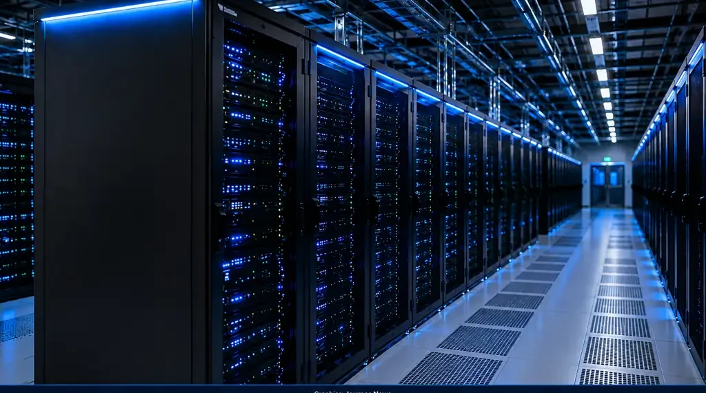 Data center interior showing rows of server racks with illuminated equipment, overhead infrastructure and a cooled technical floor.