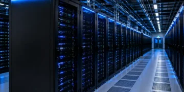 Data center interior showing rows of server racks with illuminated equipment, overhead infrastructure and a cooled technical floor.