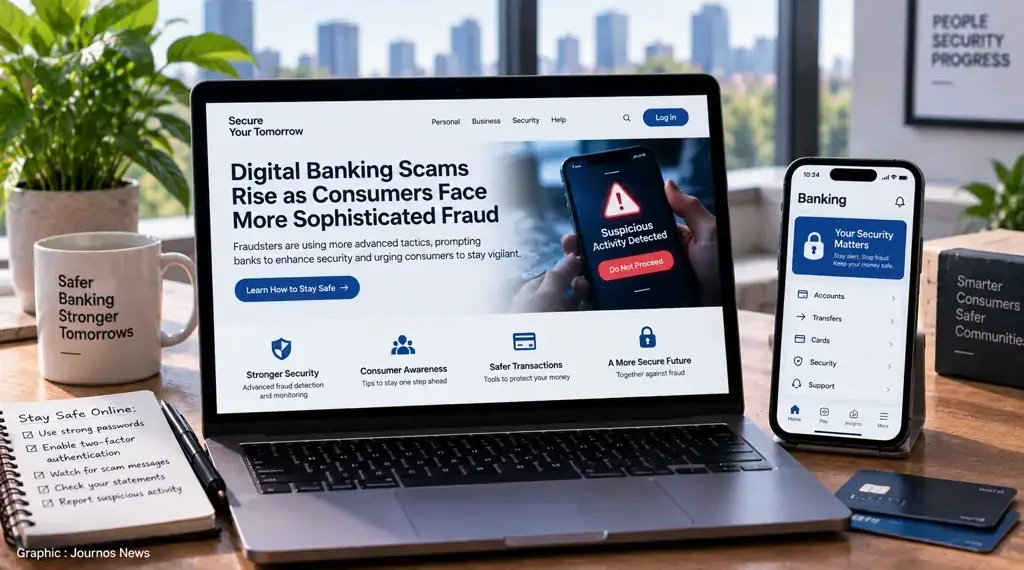 Laptop and smartphone display warnings about rising digital banking scams, suspicious activity detection, fraud prevention, and stronger consumer security.
