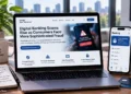 Laptop and smartphone display warnings about rising digital banking scams, suspicious activity detection, fraud prevention, and stronger consumer security.