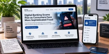 Laptop and smartphone display warnings about rising digital banking scams, suspicious activity detection, fraud prevention, and stronger consumer security.