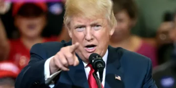 Photograph of Donald Trump speaking with supporters at a campaign rally at the Phoenix Convention Center in Phoenix, Arizona.