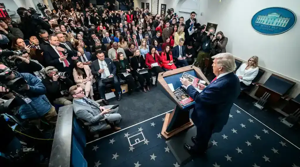U.S. President Donald Trump addresses members of the media in the James S. Brady Press Briefing Room on January 20, 2026.