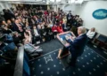 U.S. President Donald Trump addresses members of the media in the James S. Brady Press Briefing Room on January 20, 2026.