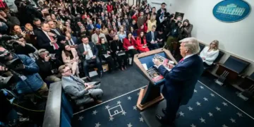U.S. President Donald Trump addresses members of the media in the James S. Brady Press Briefing Room on January 20, 2026.