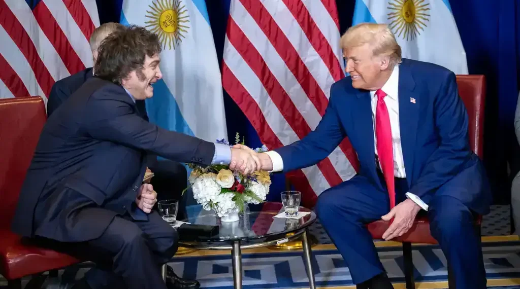 U.S. President Donald Trump meets Argentina’s President Javier Milei at the Gaylord National Resort in Maryland on February 22, 2025.