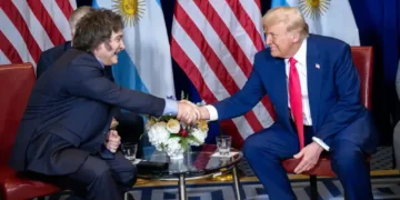 U.S. President Donald Trump meets Argentina’s President Javier Milei at the Gaylord National Resort in Maryland on February 22, 2025.