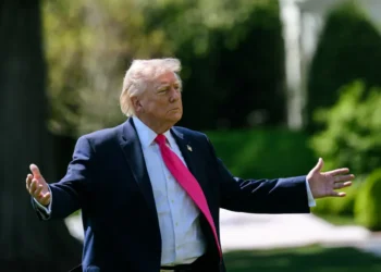 U.S. President speaks with members of the media before boarding Marine One on the White House South Lawn on April 16, 2026.