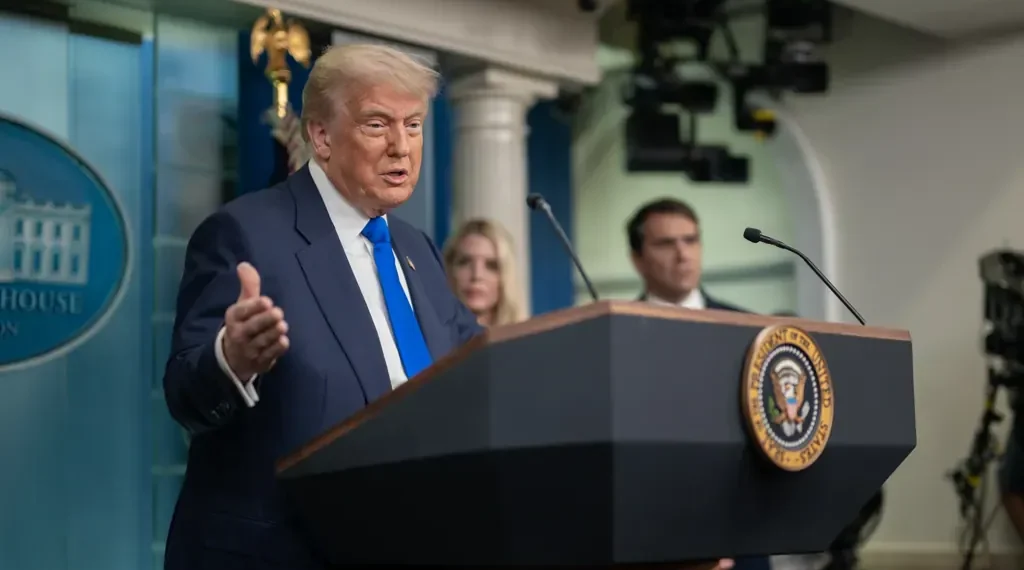 U.S. president holds a press conference with the attorney general and deputy attorney general in the James S. Brady Press Briefing Room.