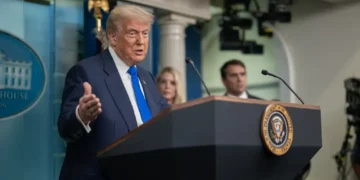U.S. president holds a press conference with the attorney general and deputy attorney general in the James S. Brady Press Briefing Room.