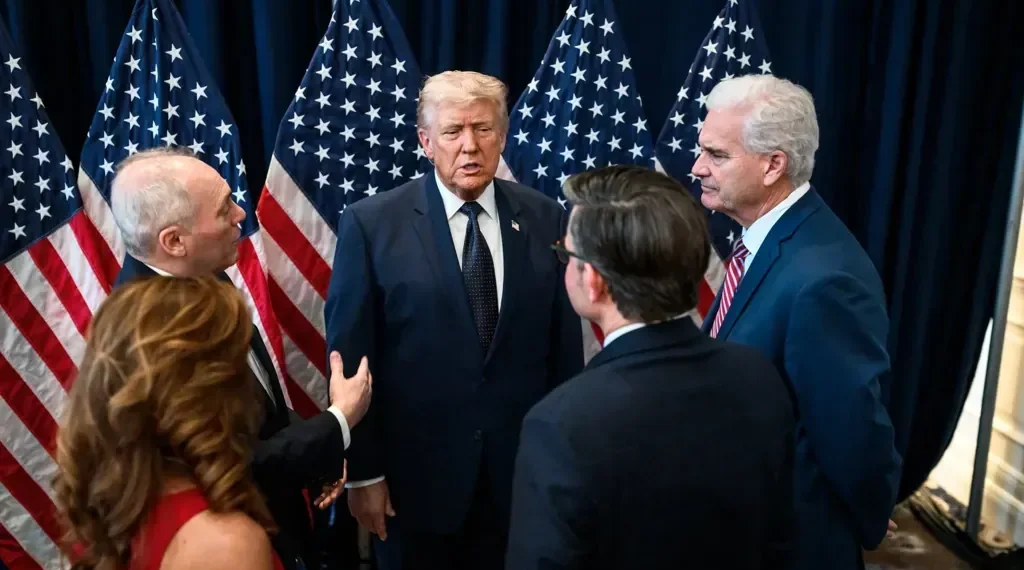 U.S. President Donald Trump meets with Republican House leadership on March 9, 2026, during a meeting in Washington, D.C.