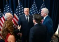 U.S. President Donald Trump meets with Republican House leadership on March 9, 2026, during a meeting in Washington, D.C.