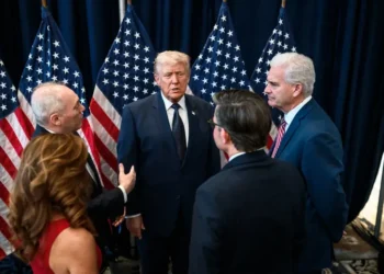 U.S. President Donald Trump meets with Republican House leadership on March 9, 2026, during a meeting in Washington, D.C.