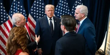 U.S. President Donald Trump meets with Republican House leadership on March 9, 2026, during a meeting in Washington, D.C.