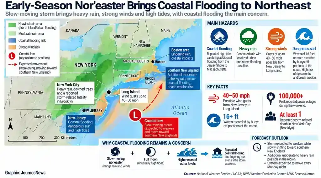 Map showing an early-season nor’easter bringing coastal flooding, heavy rain, strong winds and high tides across the Northeast United States.
