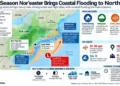 Map showing an early-season nor’easter bringing coastal flooding, heavy rain, strong winds and high tides across the Northeast United States.