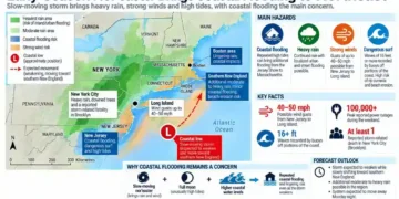 Map showing an early-season nor’easter bringing coastal flooding, heavy rain, strong winds and high tides across the Northeast United States.