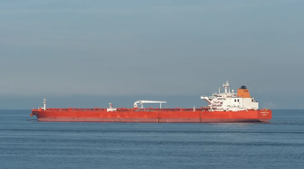 Crude oil tanker Elandra Gulf leaving the Port of Rotterdam in the Netherlands after departing the major European oil hub.