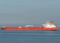 Crude oil tanker Elandra Gulf leaving the Port of Rotterdam in the Netherlands after departing the major European oil hub.