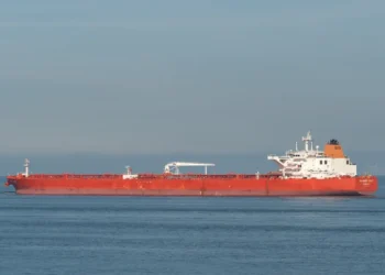 Crude oil tanker Elandra Gulf leaving the Port of Rotterdam in the Netherlands after departing the major European oil hub.