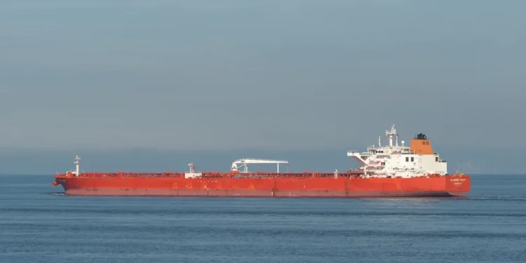Crude oil tanker Elandra Gulf leaving the Port of Rotterdam in the Netherlands after departing the major European oil hub.