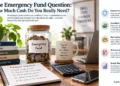Emergency fund jar with coins, calculator, laptop, financial checklist, and personal finance planning materials on a home office desk.