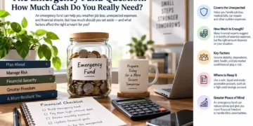 Emergency fund jar with coins, calculator, laptop, financial checklist, and personal finance planning materials on a home office desk.