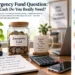 Emergency fund jar with coins, calculator, laptop, financial checklist, and personal finance planning materials on a home office desk.