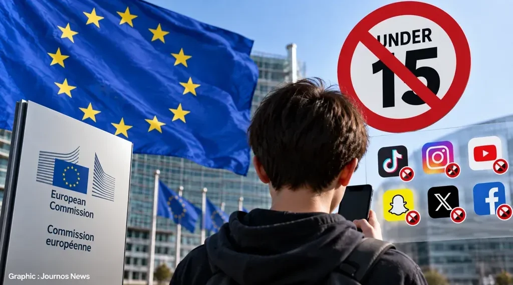 European Union flag and European Commission building behind a teenager with social media icons and an under-15 restriction symbol.