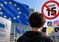 European Union flag and European Commission building behind a teenager with social media icons and an under-15 restriction symbol.