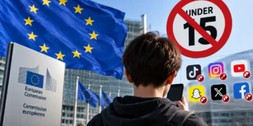 European Union flag and European Commission building behind a teenager with social media icons and an under-15 restriction symbol.