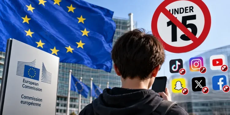 European Union flag and European Commission building behind a teenager with social media icons and an under-15 restriction symbol.