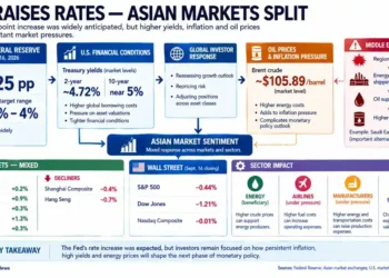 Federal Reserve rate hike graphic showing Asian market gains and declines amid higher yields, oil prices and inflation pressures.