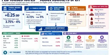 Federal Reserve rate hike graphic showing Asian market gains and declines amid higher yields, oil prices and inflation pressures.