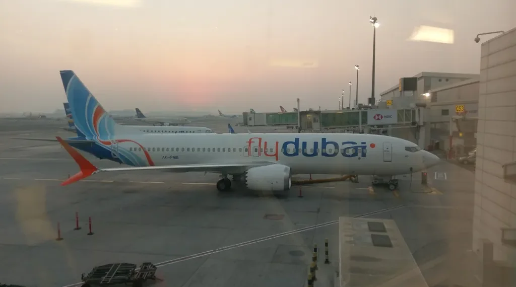 Flydubai Boeing 737 aircraft at Dubai International Airport in the early morning of October 16, 2021.