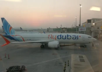 Flydubai Boeing 737 aircraft at Dubai International Airport in the early morning of October 16, 2021.