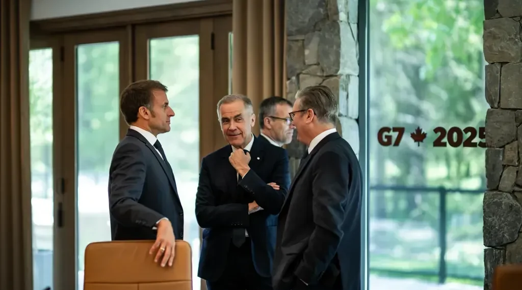 French, Canadian, and British leaders talk after Session I of the G7 Summit in Kananaskis, Alberta, on June 16, 2025.