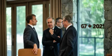 French, Canadian, and British leaders talk after Session I of the G7 Summit in Kananaskis, Alberta, on June 16, 2025.