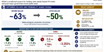 Business graphic showing easing September Fed rate-hike expectations, rising U.S. stocks, lower Treasury yields and Federal Reserve policy signals.
