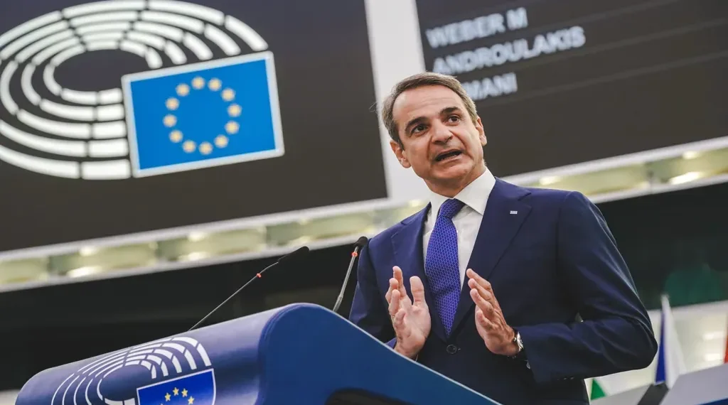 Greek Prime Minister Kyriakos Mitsotakis addresses Members of the European Parliament during a debate on Europe's future and stability.