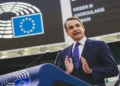 Greek Prime Minister Kyriakos Mitsotakis addresses Members of the European Parliament during a debate on Europe's future and stability.