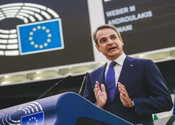 Greek Prime Minister Kyriakos Mitsotakis addresses Members of the European Parliament during a debate on Europe's future and stability.