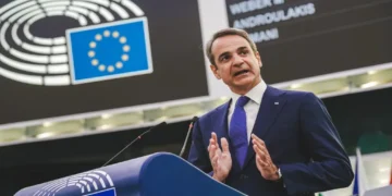 Greek Prime Minister Kyriakos Mitsotakis addresses Members of the European Parliament during a debate on Europe's future and stability.